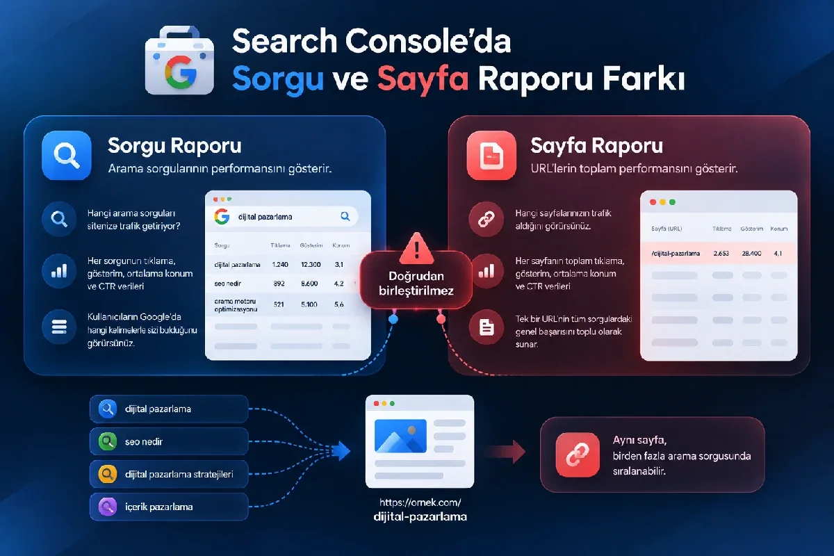 Search Console sorgu ve sayfa raporu farkı